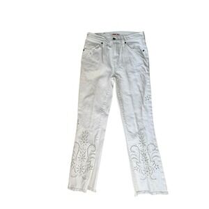 JOHNNY WAS WHITE DENIM THE CROPPED BABY BOOT EMBROIDERED  SZ 26 FRINGE SLIM‎ FIT